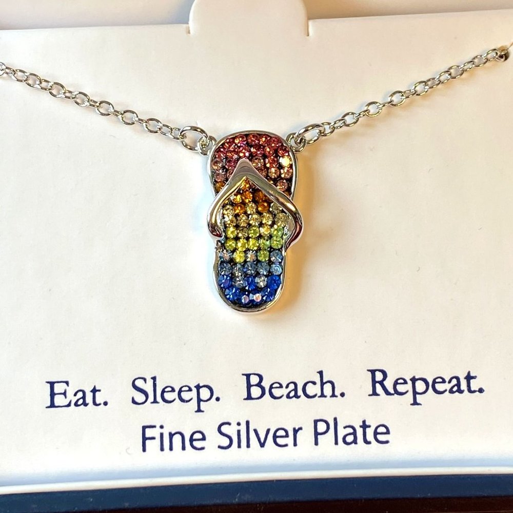 Belk Silverworks  Crystal Flip Flop Silver Plated Necklace BEACH FUN - Picture 5 of 7
